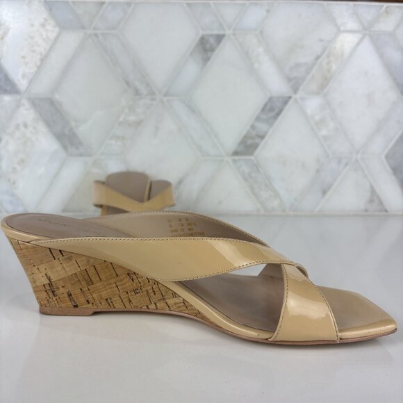 7.5 Patent Cork Wedge Heel Sandal Square Toe Criss Cross Strap Tan Leather Miami - Picture 7 of 13